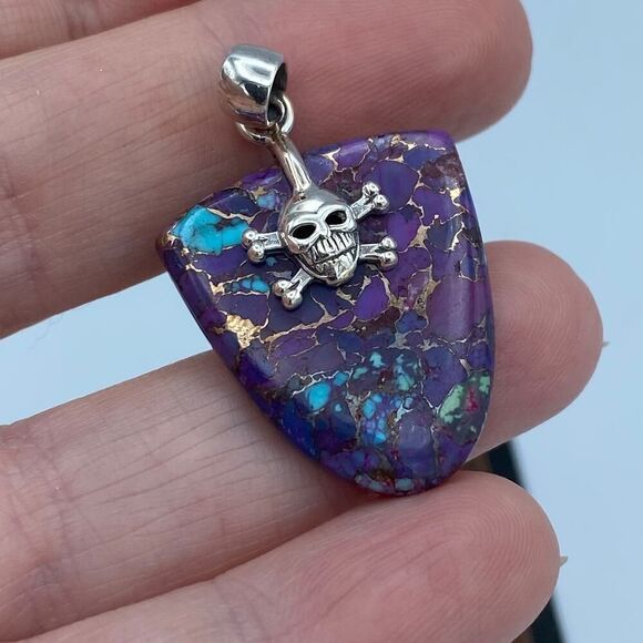 Skull Copper Purple Turquoise Sterling Silver Pendant - Picture 3 of 7